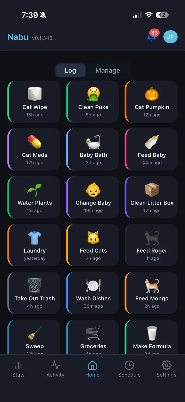Nabu home screen showing a grid of household chores with tap-to-log times like 'Feed Baby 44m ago' and 'Cat Meds 12h ago'